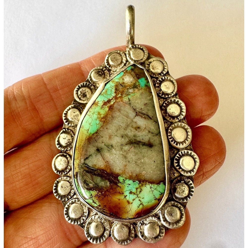 Navajo Royston Turquoise Pendant 2.75in Signed 30g Sterling VTG 1960 70s Stamped